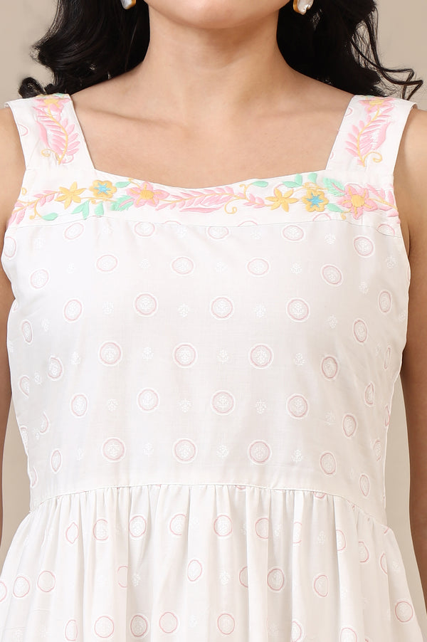 White Printed Thread Embroidered Pure Cotton Tiered Dress