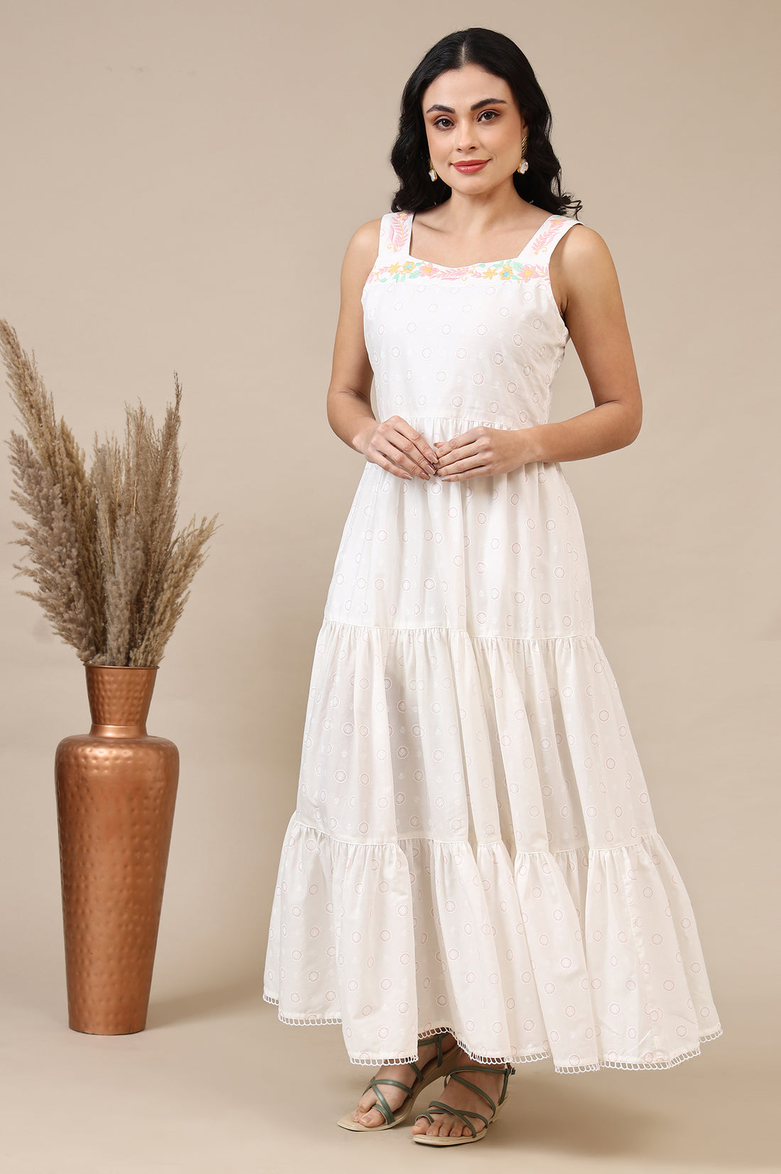 White Printed Thread Embroidered Pure Cotton Tiered Dress