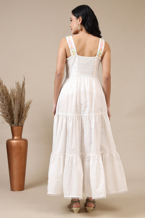 White Printed Thread Embroidered Pure Cotton Tiered Dress