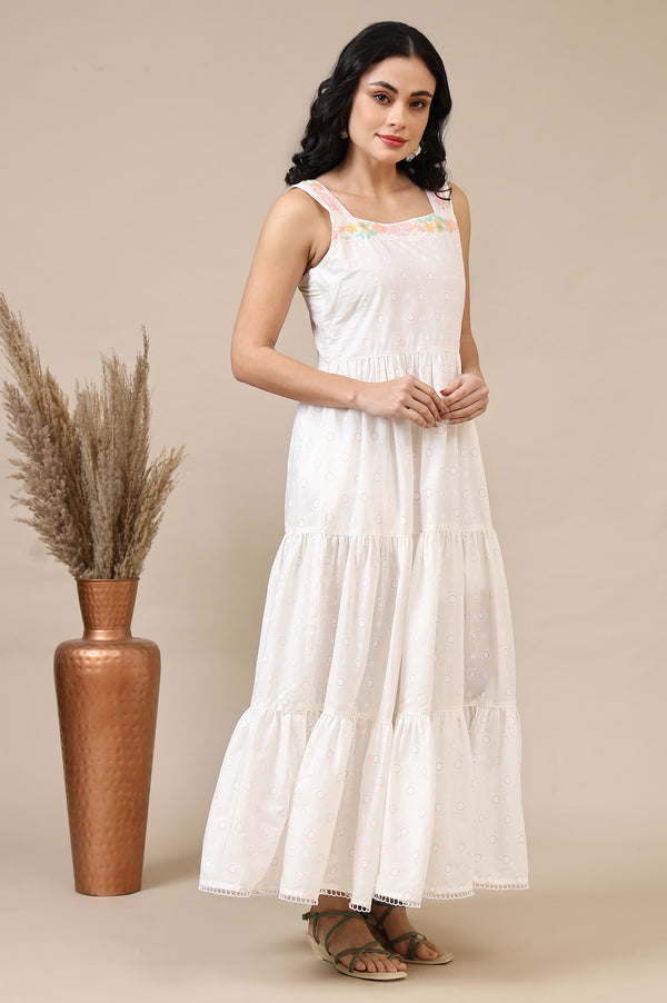 White Printed Thread Embroidered Pure Cotton Tiered Dress
