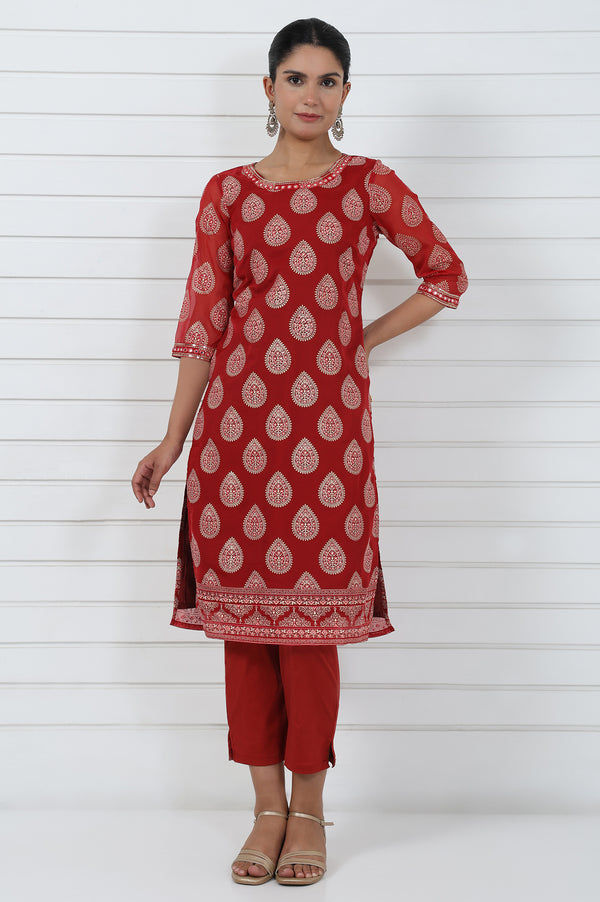 Red Abstract Printed Mirror Work Organza Straight Kurta