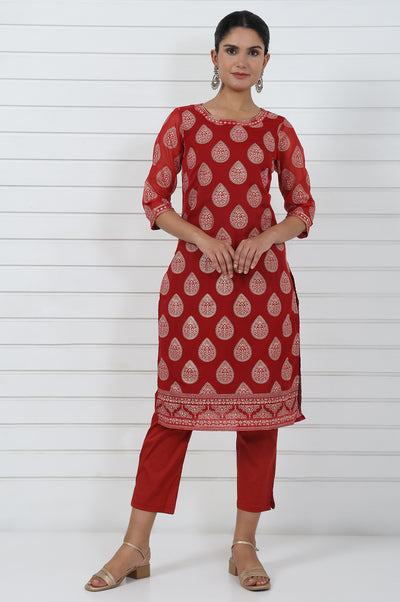 Red Abstract Printed Mirror Work Organza Straight Kurta