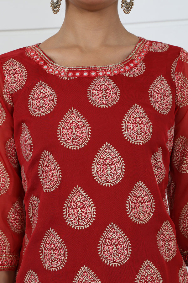 Red Abstract Printed Mirror Work Organza Straight Kurta