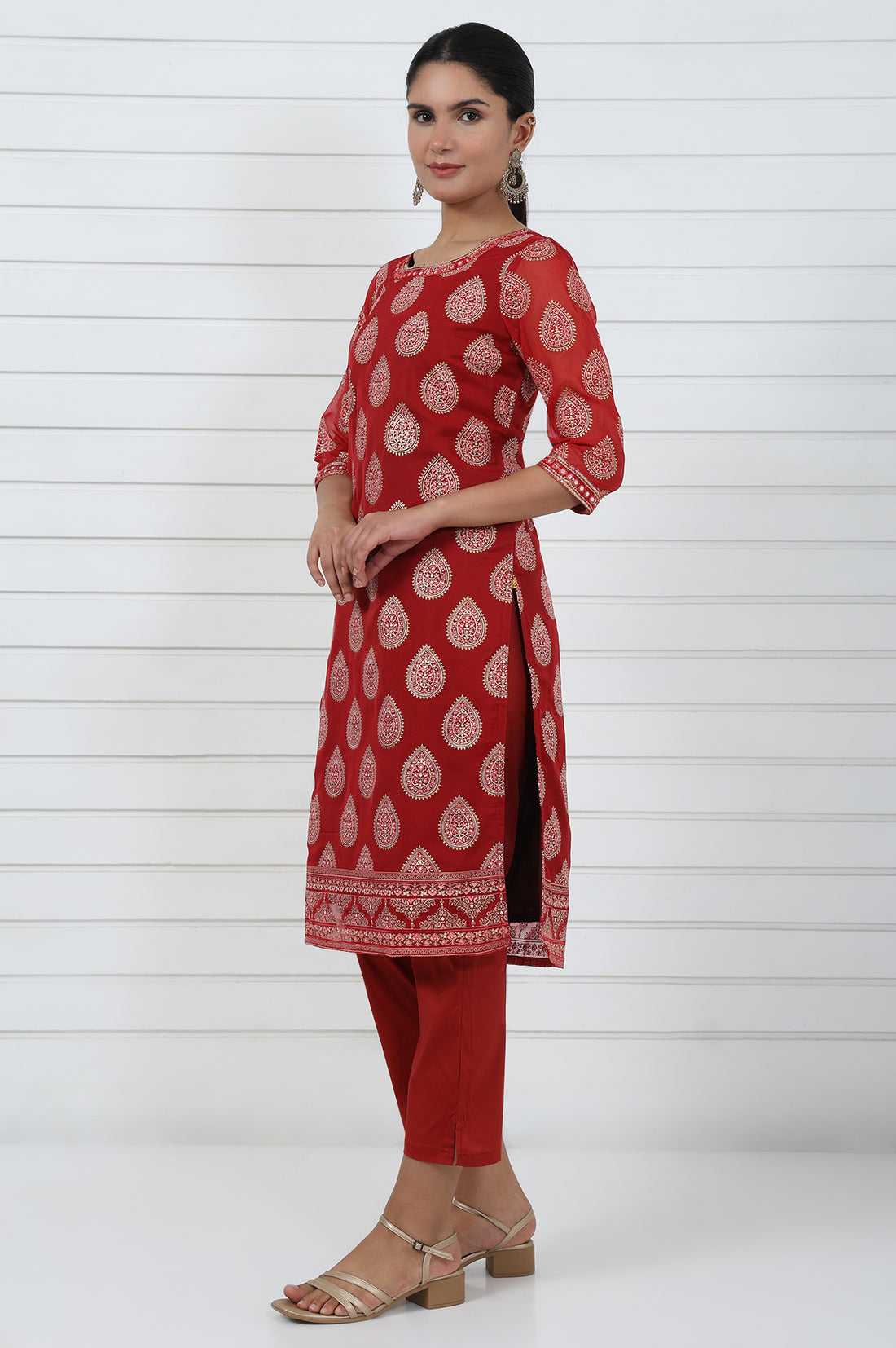 Red Abstract Printed Mirror Work Organza Straight Kurta
