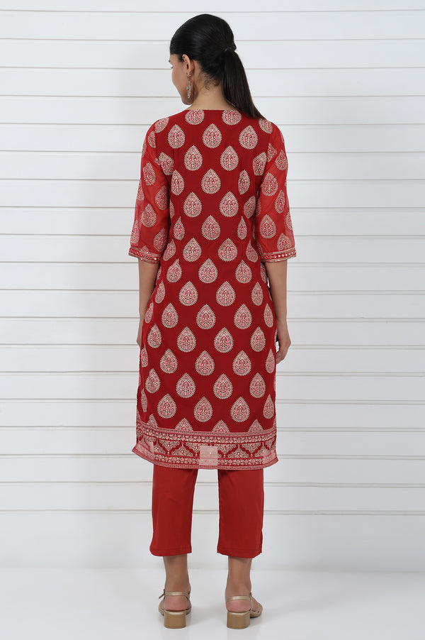 Red Abstract Printed Mirror Work Organza Straight Kurta