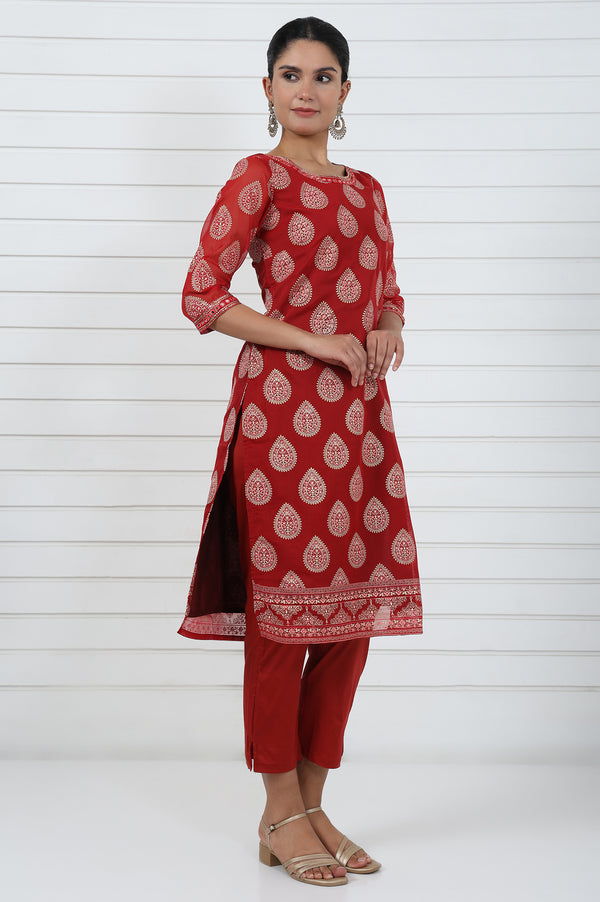 Red Abstract Printed Mirror Work Organza Straight Kurta