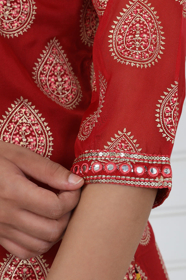 Red Abstract Printed Mirror Work Organza Straight Kurta