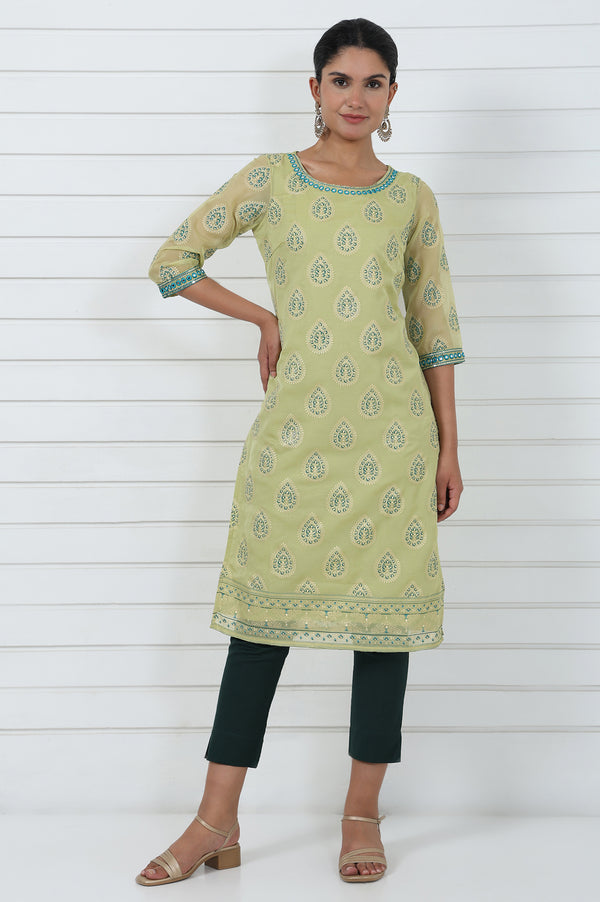 Green Abstract Printed Mirror Work Organza Straight Kurta