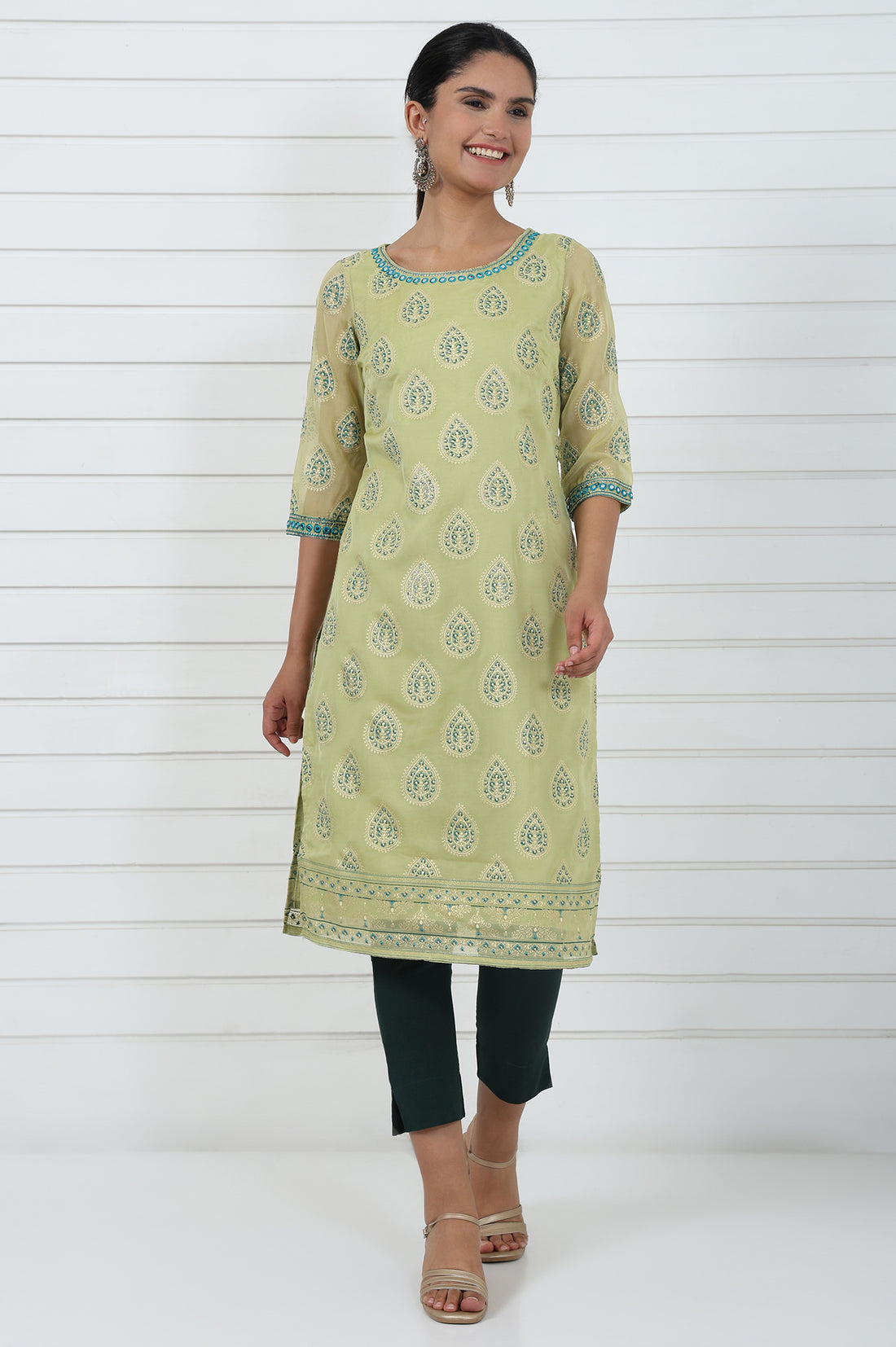 Green Abstract Printed Mirror Work Organza Straight Kurta