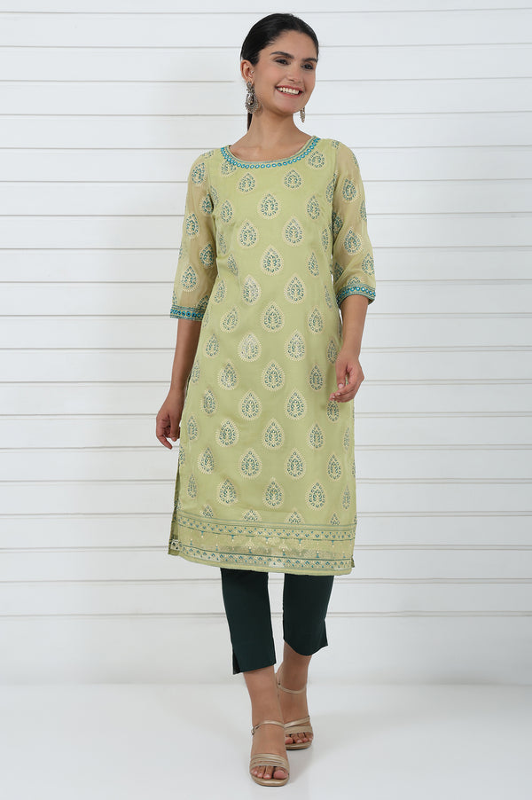 Green Abstract Printed Mirror Work Organza Straight Kurta