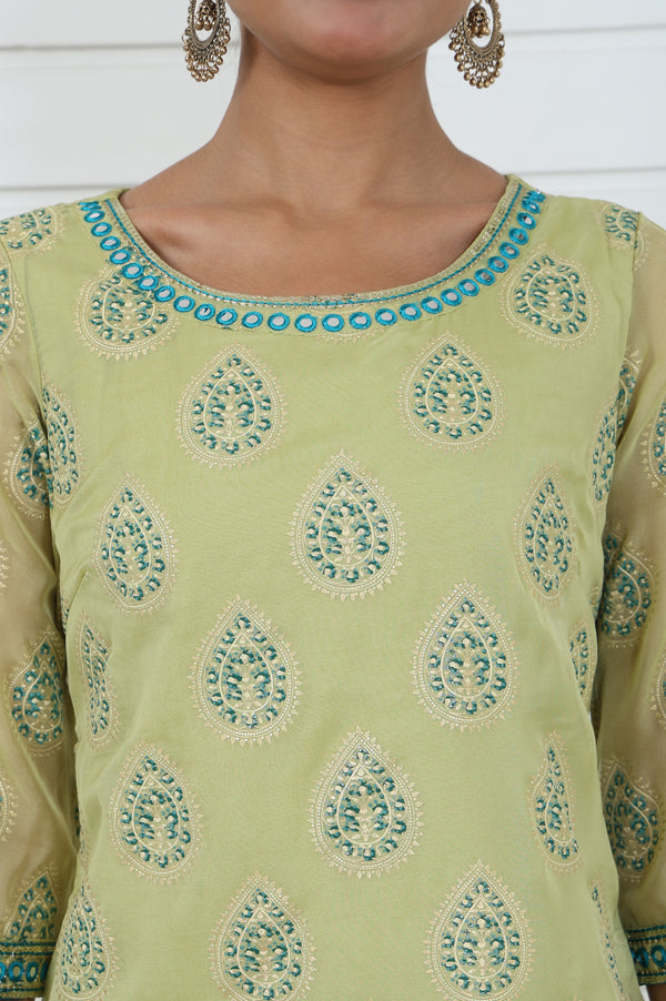 Green Abstract Printed Mirror Work Organza Straight Kurta