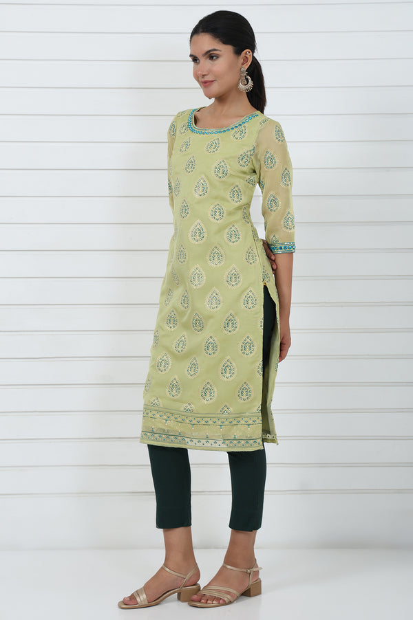 Green Abstract Printed Mirror Work Organza Straight Kurta