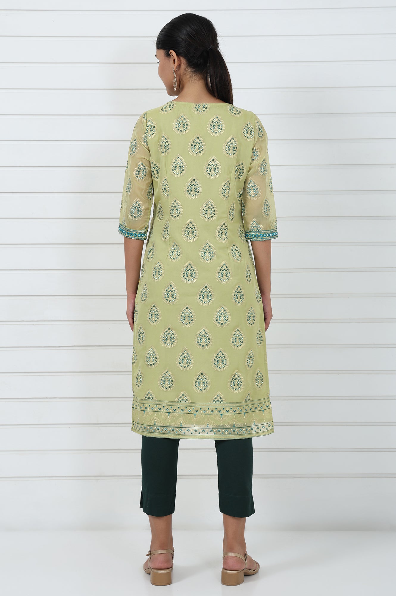 Green Abstract Printed Mirror Work Organza Straight Kurta