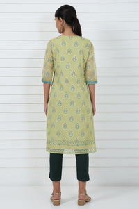 Green Abstract Printed Mirror Work Organza Straight Kurta