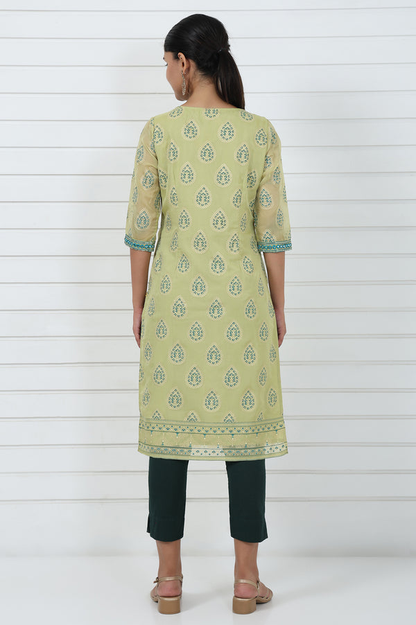 Green Abstract Printed Mirror Work Organza Straight Kurta