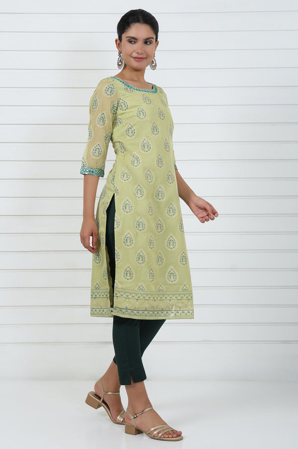 Green Abstract Printed Mirror Work Organza Straight Kurta
