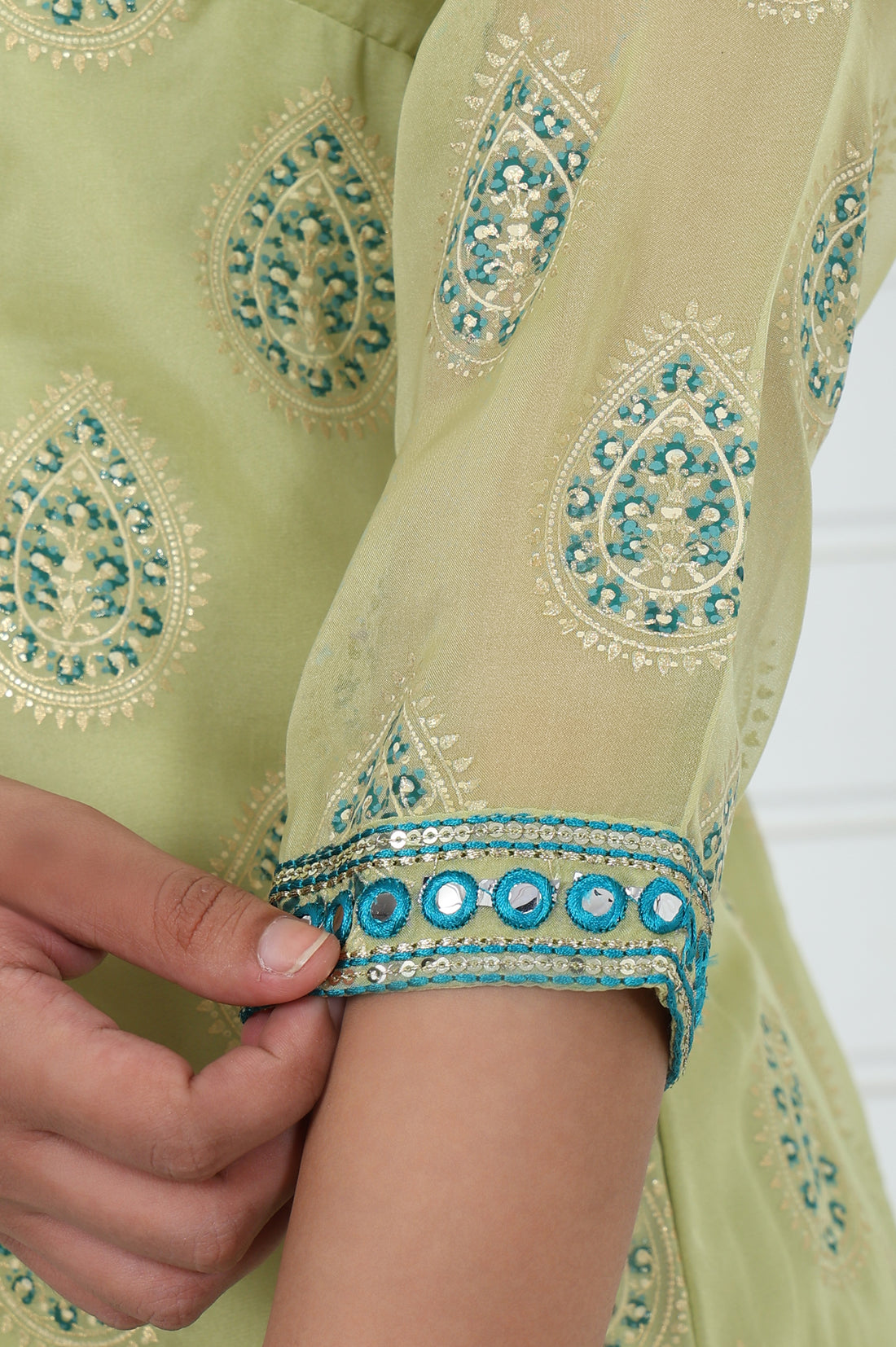 Green Abstract Printed Mirror Work Organza Straight Kurta