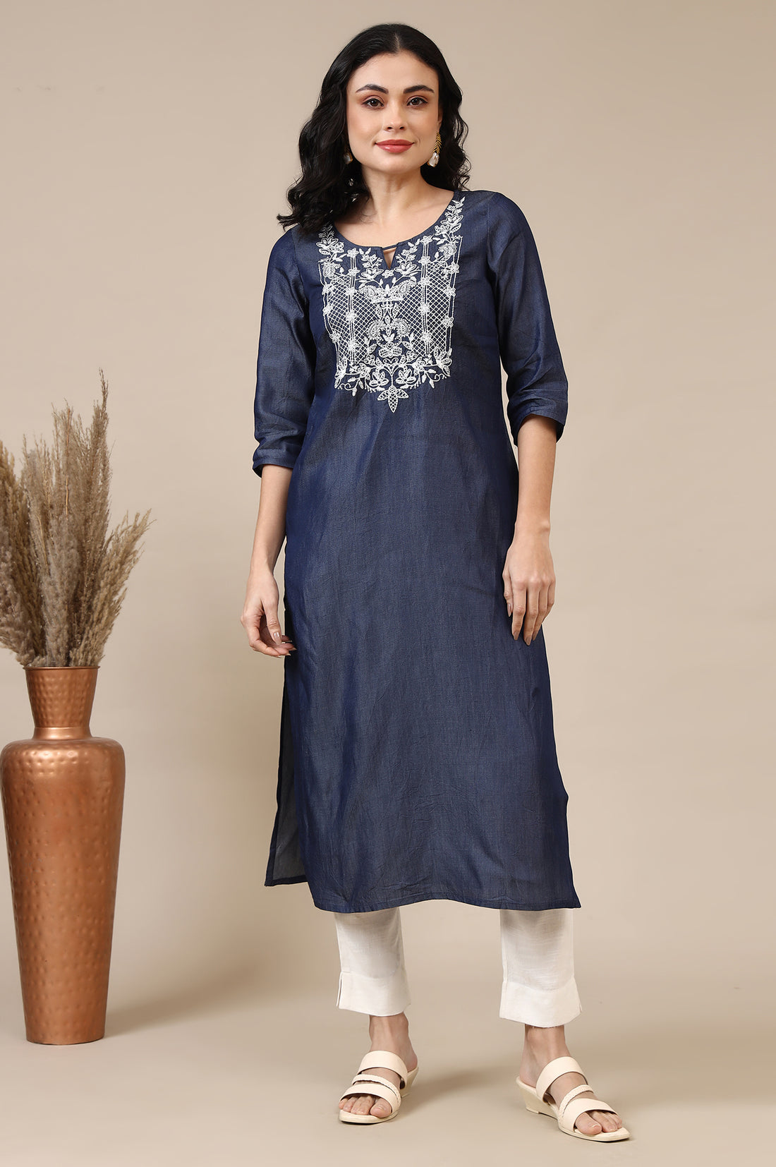 Blue Relaxed Fit Embroidered Yoke A-line Denim Kurta