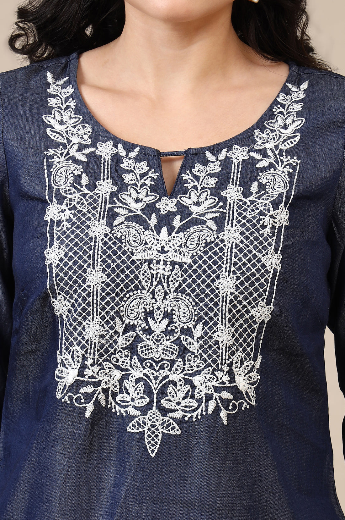 Blue Relaxed Fit Embroidered Yoke A-line Denim Kurta