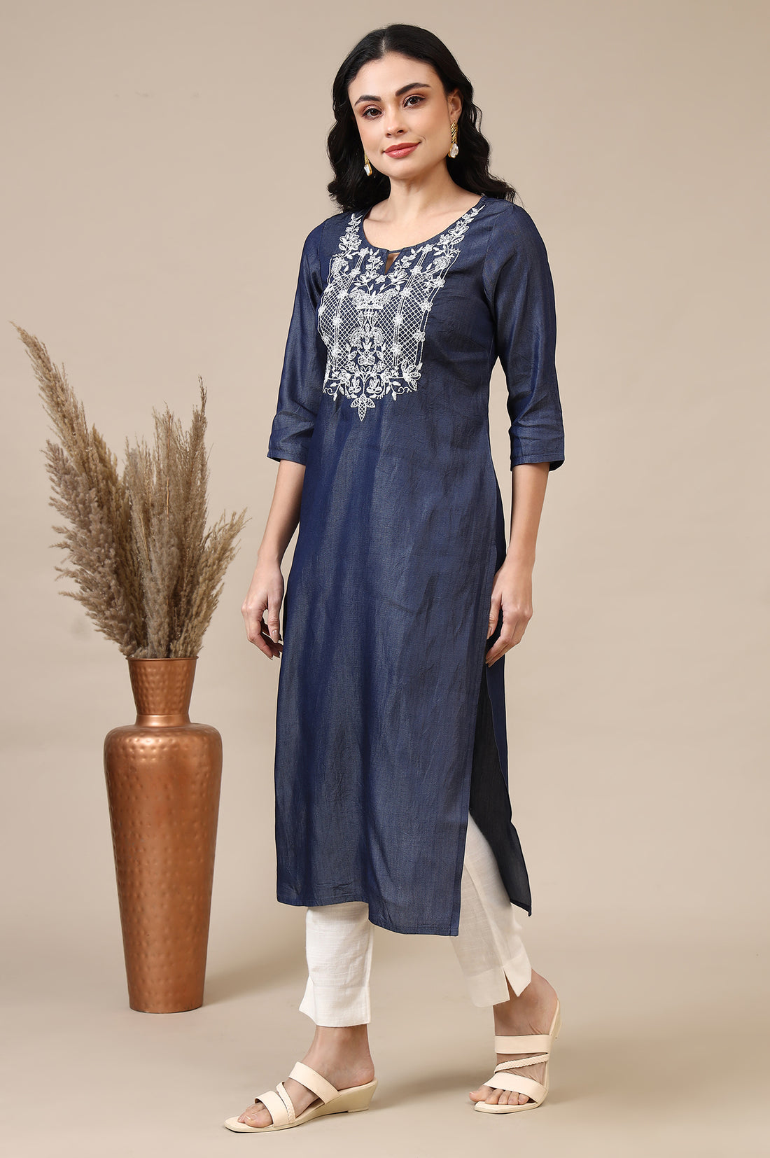 Blue Relaxed Fit Embroidered Yoke A-line Denim Kurta