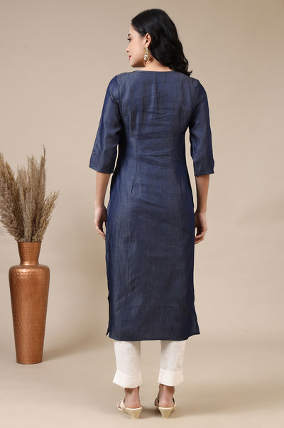 Blue Relaxed Fit Embroidered Yoke A-line Denim Kurta