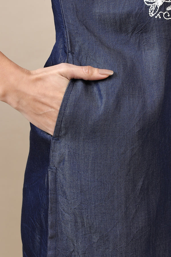 Blue Relaxed Fit Embroidered Yoke A-line Denim Kurta