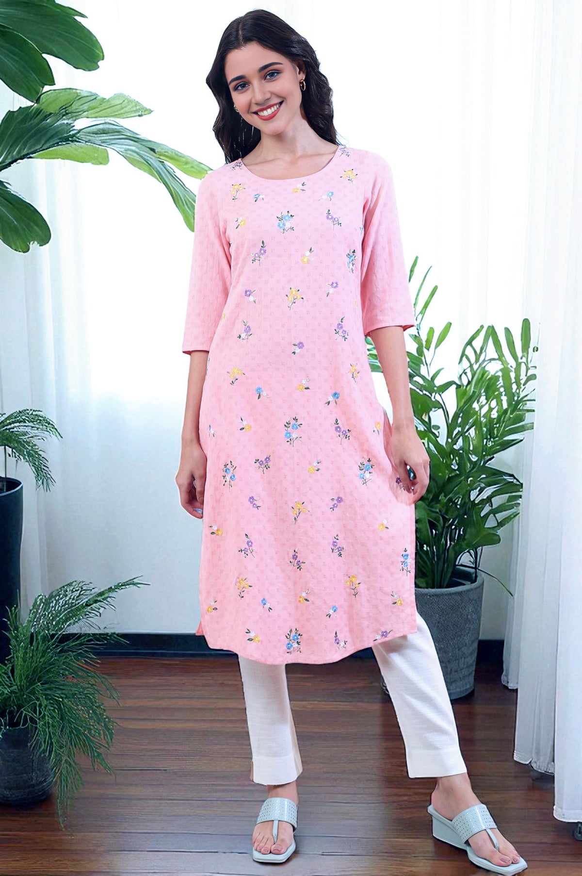 Pink Solid Zari Straight Pure Cotton Kurta - S