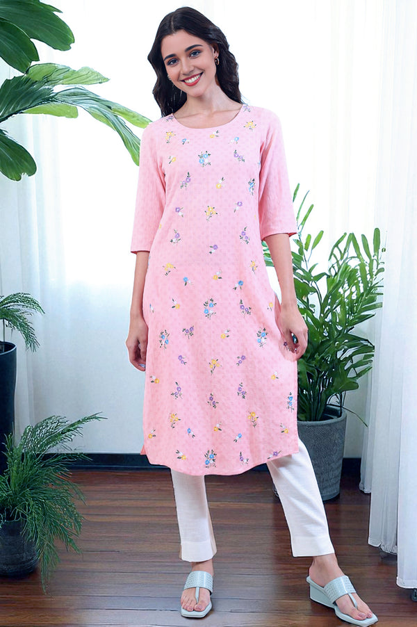 Pink Solid Zari Straight Pure Cotton Kurta