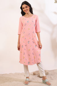Pink Solid Zari Straight Pure Cotton Kurta