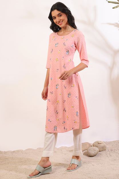 Pink Solid Zari Straight Pure Cotton Kurta