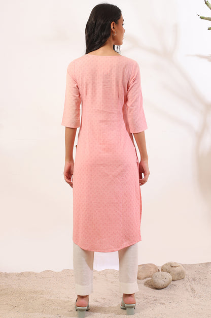 Pink Solid Zari Straight Pure Cotton Kurta