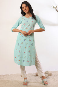 Blue Solid Zari Straight Pure Cotton Kurta