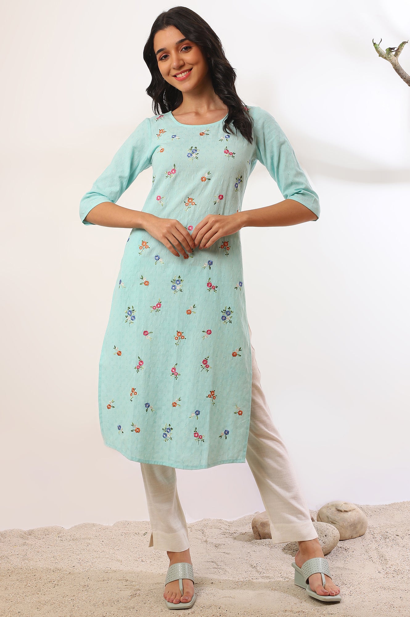 Blue Solid Zari Straight Pure Cotton Kurta