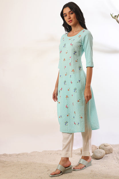 Blue Solid Zari Straight Pure Cotton Kurta