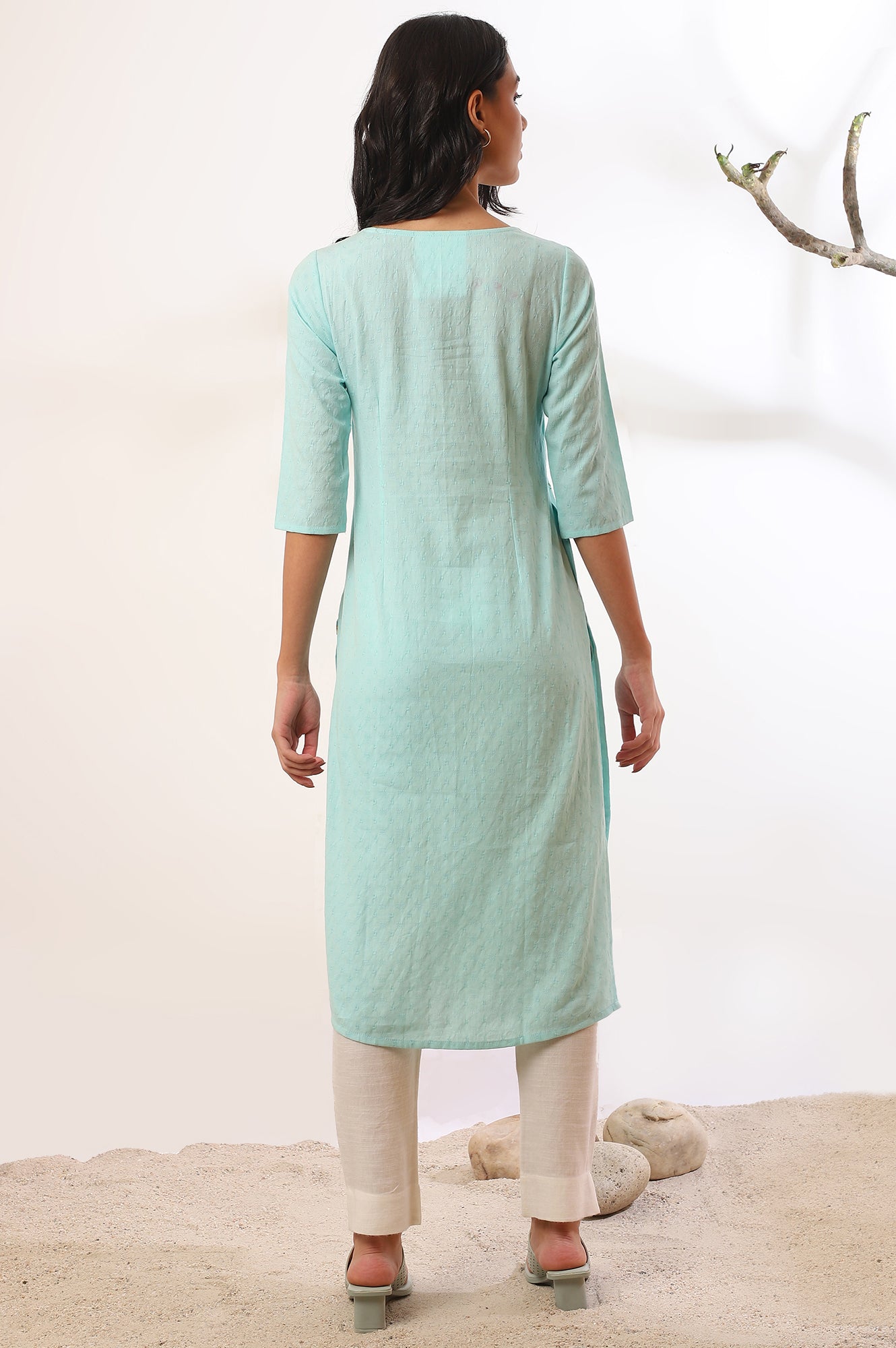 Blue Solid Zari Straight Pure Cotton Kurta