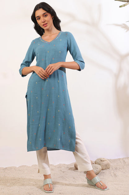 Blue Yarn Dyed  Straight Pure Cotton Kurta