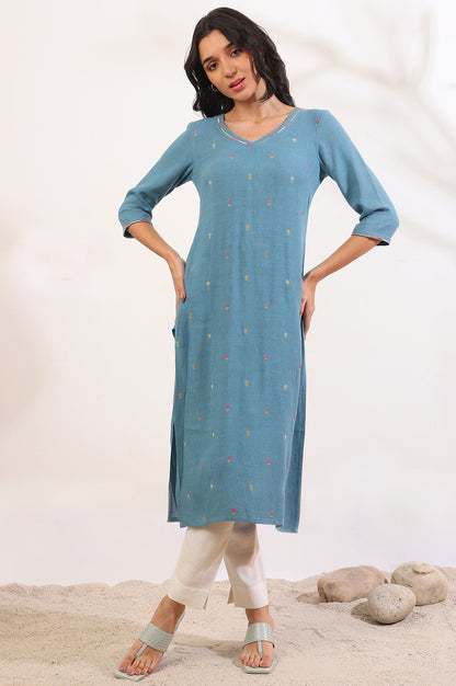 Blue Yarn Dyed  Straight Pure Cotton Kurta