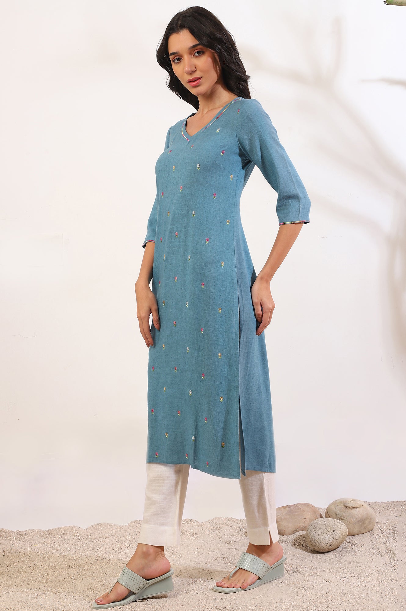 Blue Yarn Dyed  Straight Pure Cotton Kurta