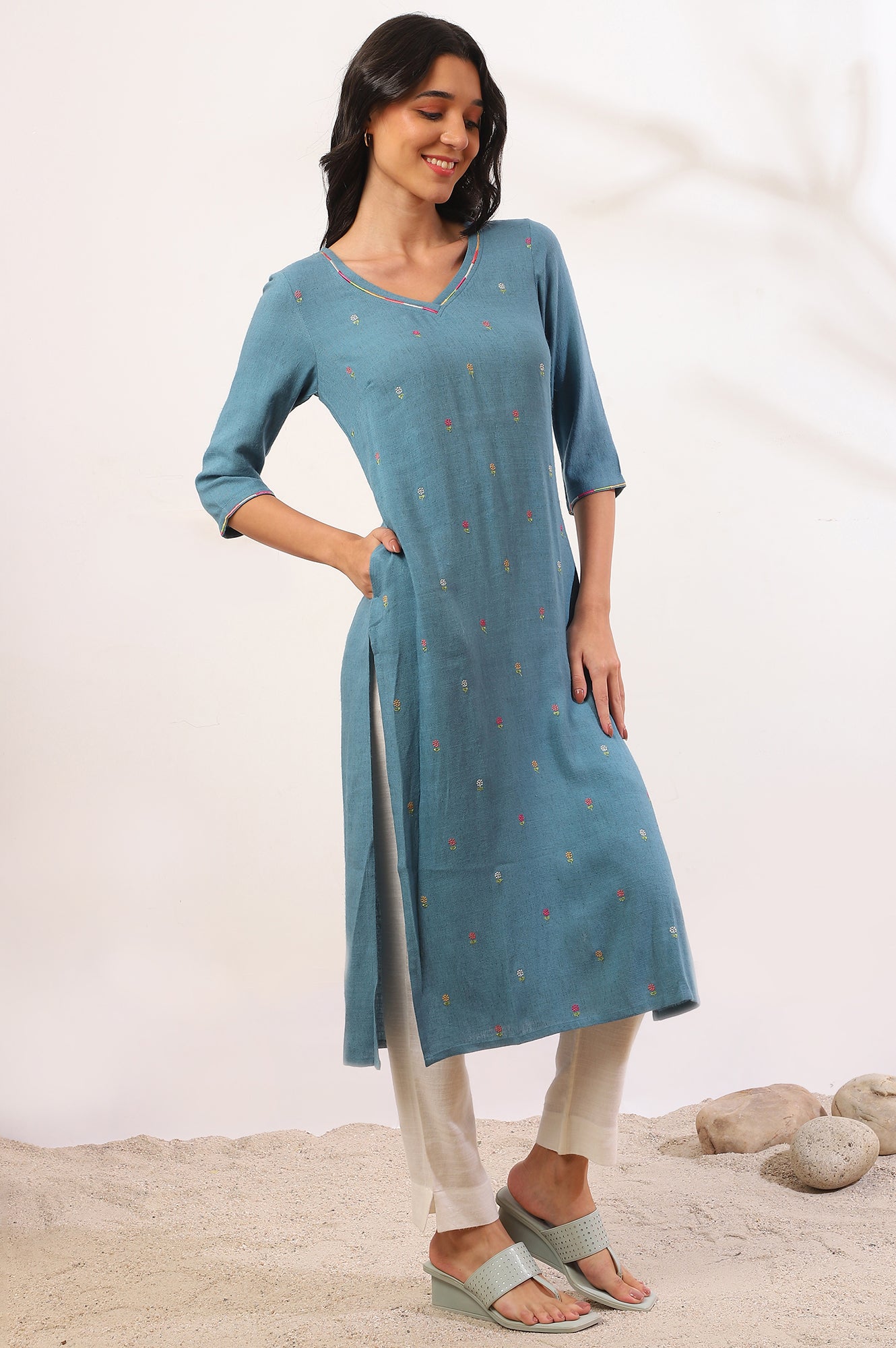 Blue Yarn Dyed  Straight Pure Cotton Kurta