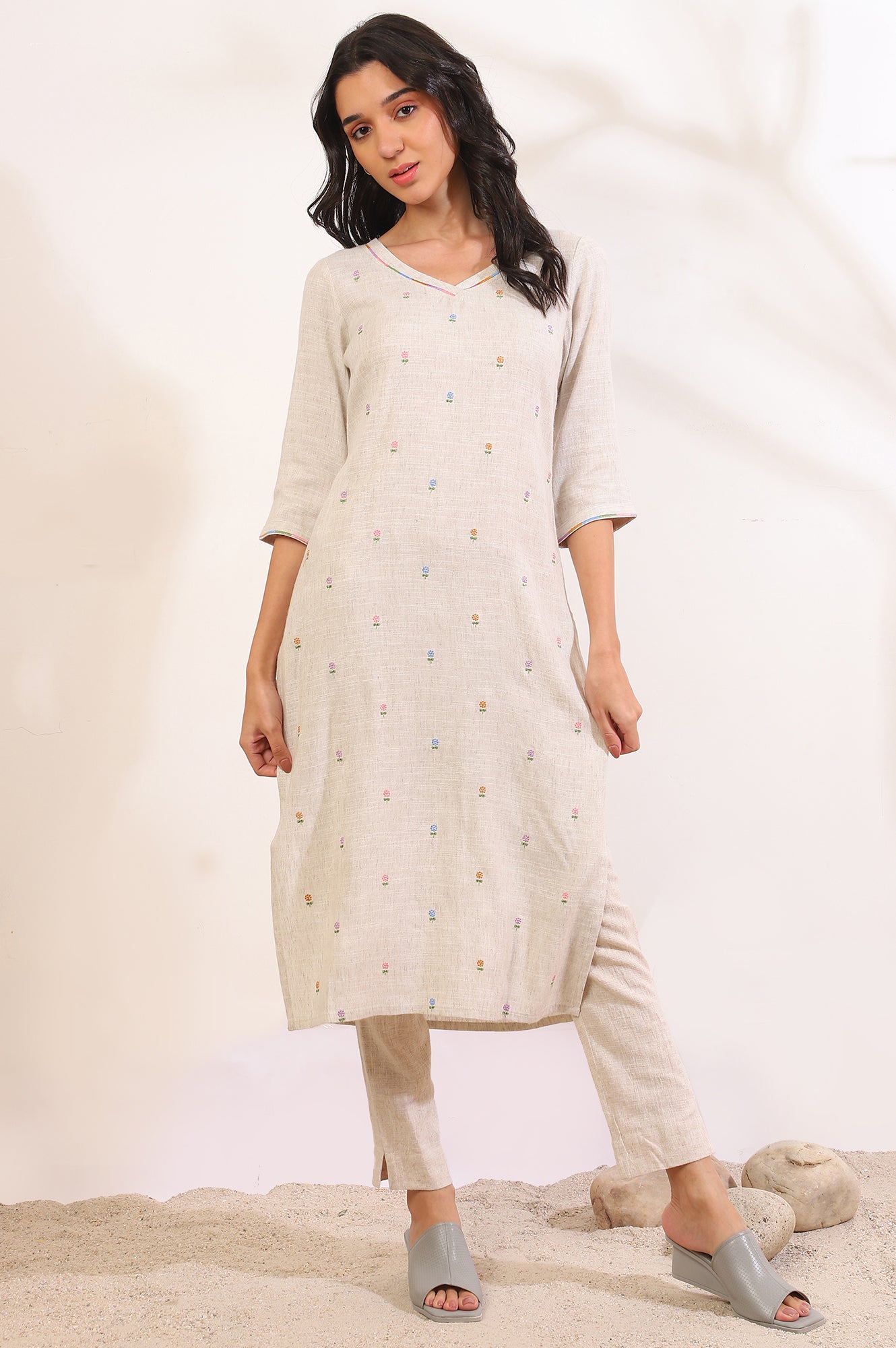 Off White Printed Zari Straight Rayon Flax Kurta