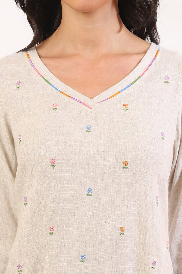 Off White Printed Zari Straight Rayon Flax Kurta