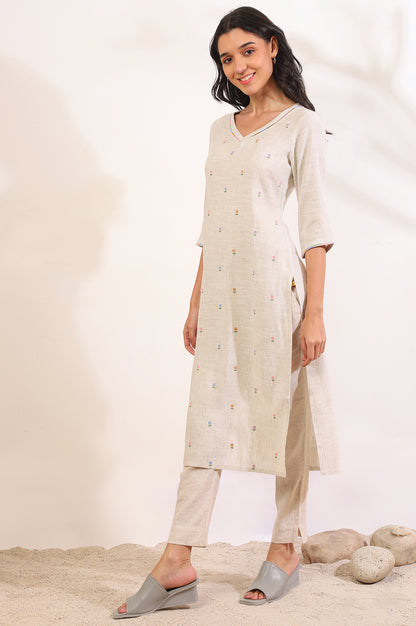 Off White Printed Zari Straight Rayon Flax Kurta