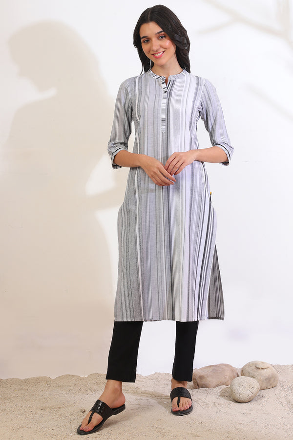 White and Black Striped Yarn Dyed Straight Pure Cotton Kurta