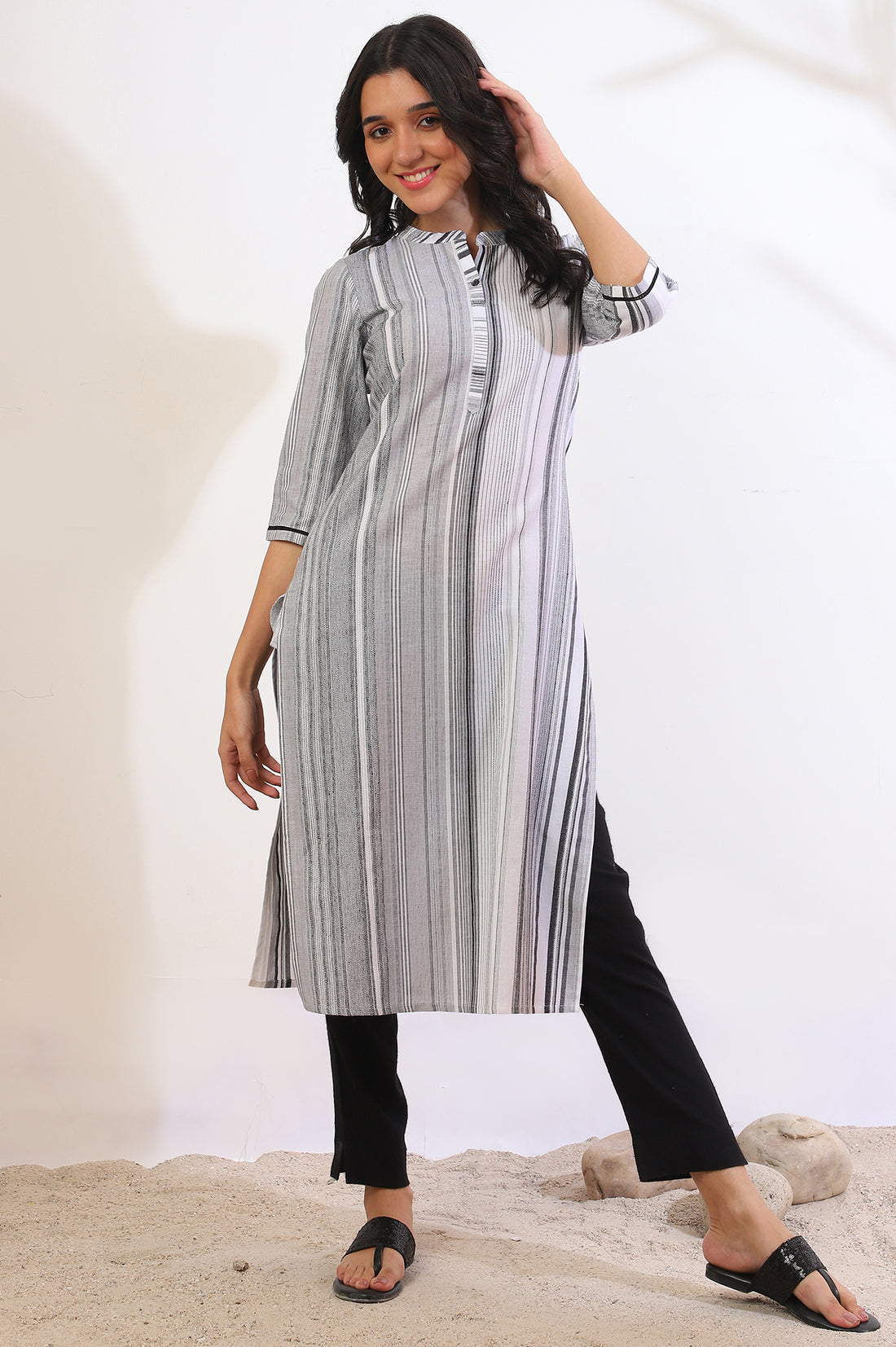 White and Black Striped Yarn Dyed Straight Pure Cotton Kurta