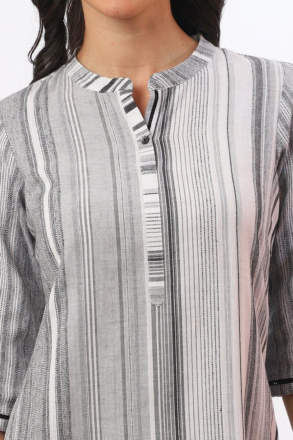 White and Black Striped Yarn Dyed Straight Pure Cotton Kurta