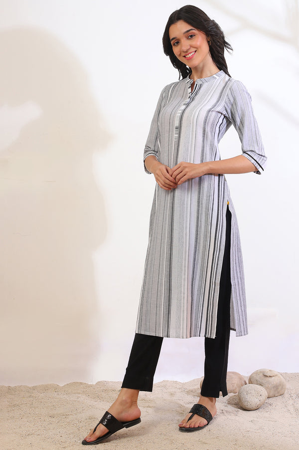 White and Black Striped Yarn Dyed Straight Pure Cotton Kurta