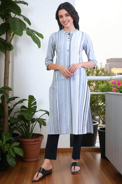 White and Black Striped Yarn Dyed Straight Pure Cotton Kurta