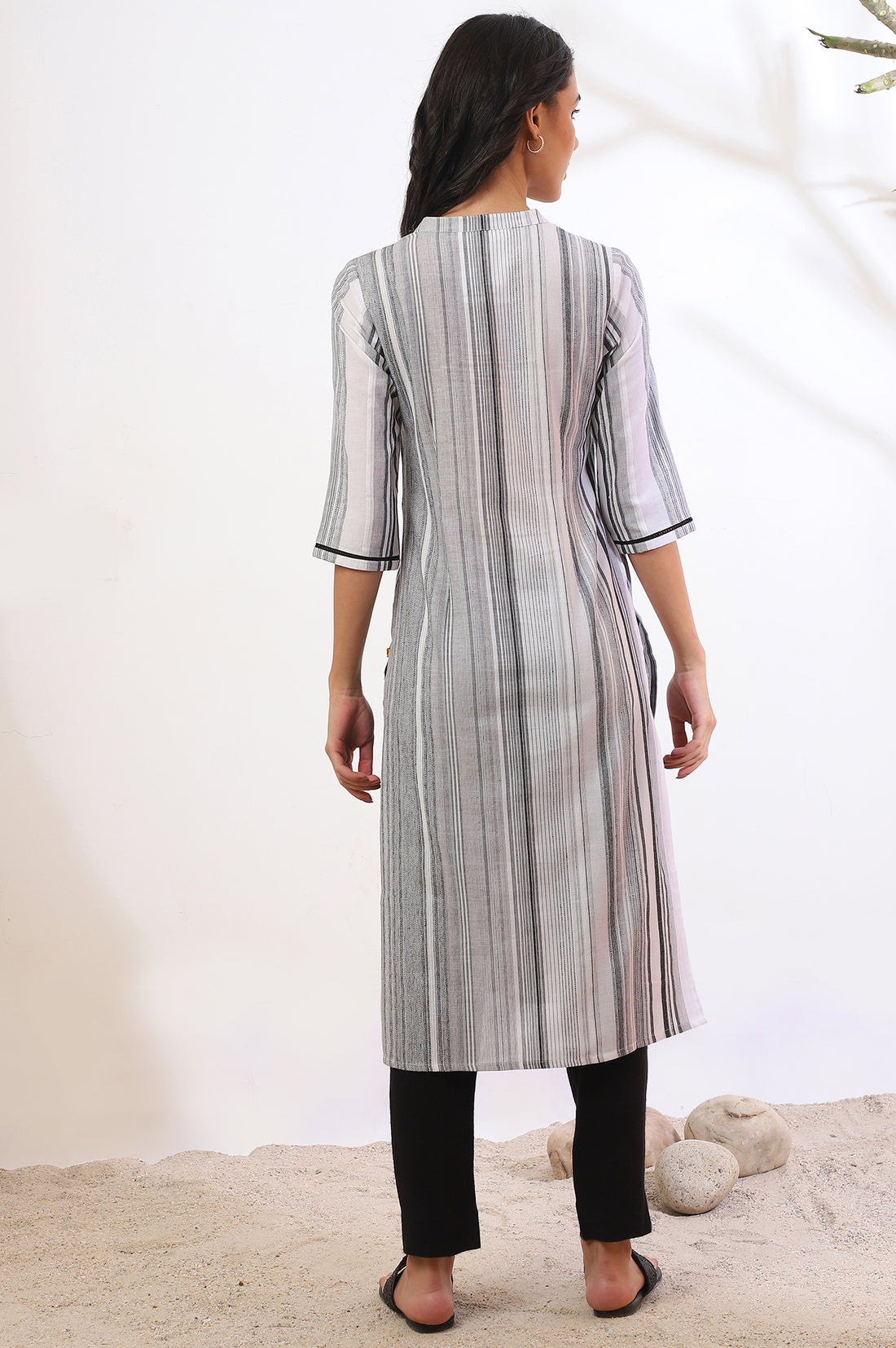 White and Black Striped Yarn Dyed Straight Pure Cotton Kurta