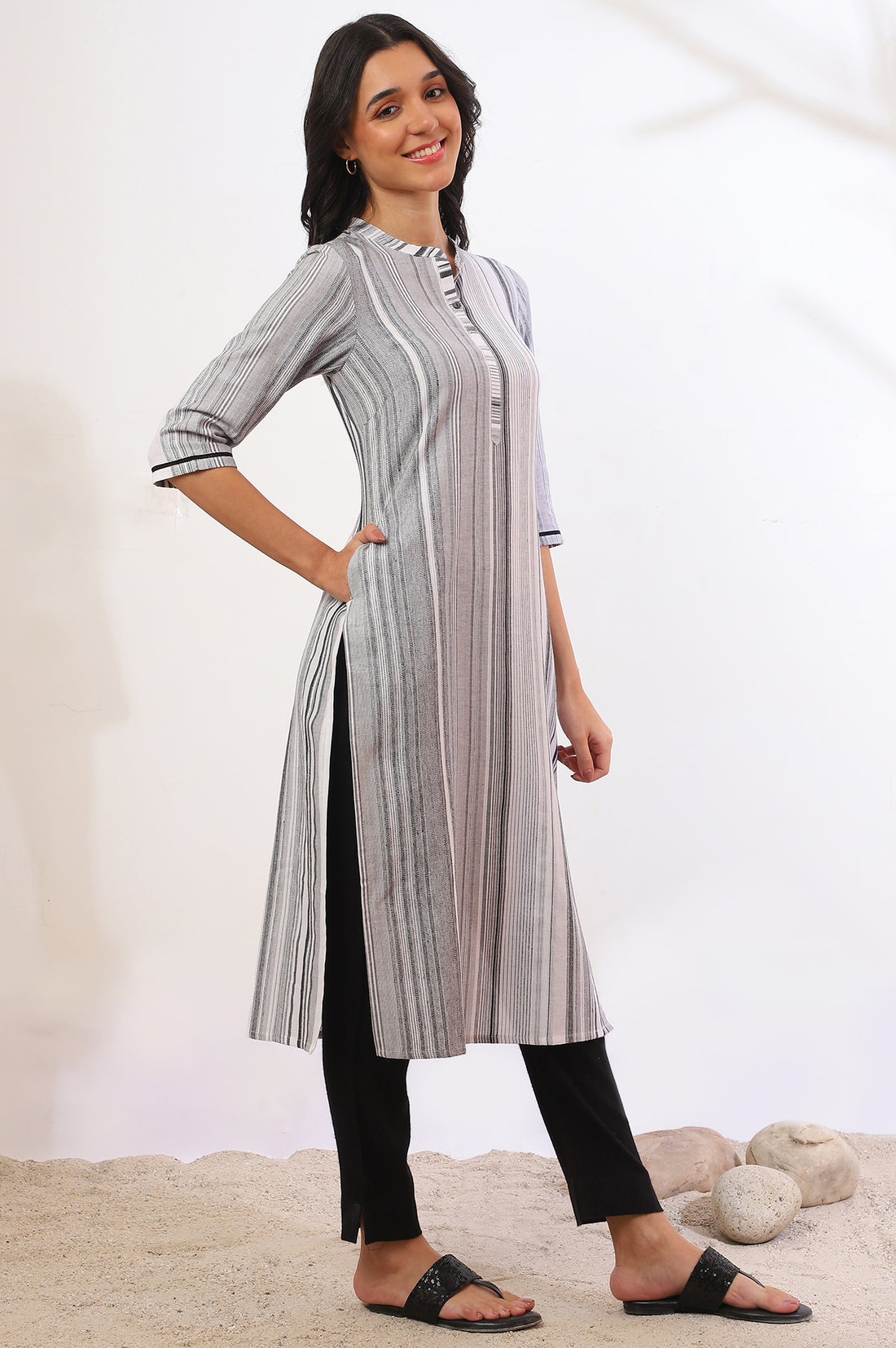White and Black Striped Yarn Dyed Straight Pure Cotton Kurta