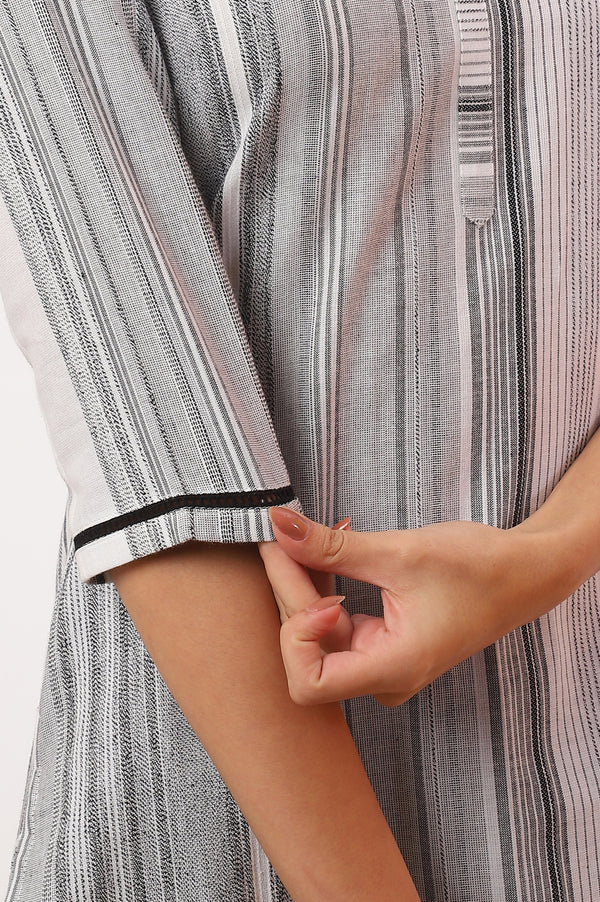 White and Black Striped Yarn Dyed Straight Pure Cotton Kurta